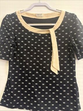People Tree Black Short Sleeve Top with Cream Trim and White Bow Print